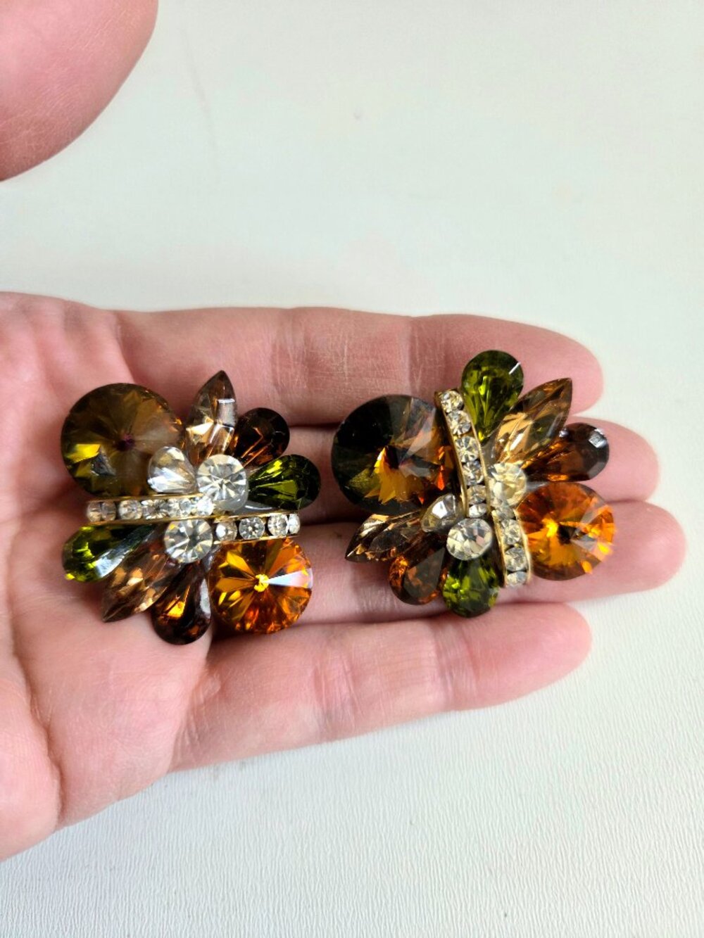 Vintage 60s Oversized Multicolored Crystals Rhinestones Floral Clip On Earrings